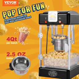 Popcornovač 300 W, kotlík 2,5 uncí, vyrobí 4 kvarty na dávku, stolní popcornovač s PP dvířky, obsahuje 2 ovládací knoflíky a tác, v kinovém stylu, černý - miniatura 6
