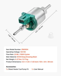 Palivové čerpadlo pro dieselové topení, dávkovací palivové čerpadlo 12 V DC, 22 ml hliníkové čerpadlo pro parkovací dieselové topení, vhodné pro topení 2 kW, 5 kW a 8 kW, tichá konstrukce, pulsní technologie - miniatura 11
