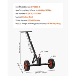 Tažný vozík, nosnost 600 lb, z uhlíkové oceli, tažný vozík s kuličkou 1-7/8" a plnými 10" koly, přenosný tažný vozík pro přepravu aut, obytných vozů, lodí a přívěsů - miniatura 11
