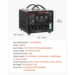 Automatický napěťový měnič 6000 VA, odolný step‑up/step‑down transformátor, 110 V na 220 V a 220 V na 110 V, se 3 americkými zásuvkami, 3 evropskými zásuvkami, LCD displejem a ochranou proti přetížení - miniatura 1