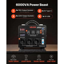 Automatický napěťový měnič 6000 VA, odolný step‑up/step‑down transformátor, 110 V na 220 V a 220 V na 110 V, se 3 americkými zásuvkami, 3 evropskými zásuvkami, LCD displejem a ochranou proti přetížení - miniatura 10