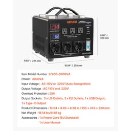Automatický napěťový měnič 3000 VA, odolný step‑up/step‑down transformátor, 110 V na 220 V a 220 V na 110 V, se 3 americkými zásuvkami, 3 evropskými zásuvkami, LCD displejem a ochranou proti přetížení - miniatura 1