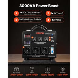 Automatický napěťový měnič 3000 VA, odolný step‑up/step‑down transformátor, 110 V na 220 V a 220 V na 110 V, se 3 americkými zásuvkami, 3 evropskými zásuvkami, LCD displejem a ochranou proti přetížení - miniatura 10