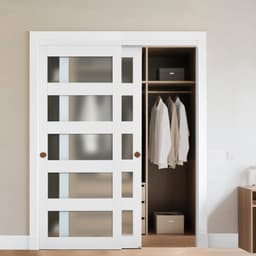 Posuvné skříňové dveře, 1524 mm (dvojité 787 mm) x 2032 mm, 5-dílné posuvné dveře z matného skla se sadou montážního příslušenství, masivní dřevo a MDF s voděodolným PVC povrchem pro skříně a ložnice - miniatura 2