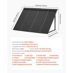 Pevná kovová markýza 44 x 24 palců, okapová markýza, přístřešek nad dveře, stabilní trojúhelníkový ocelový rám markýzy nad dveře, vnější ochrana proti dešti a sněhu, ochrana proti slunci pro vstupní dveře, okna, verandy, balkony - miniatura 11