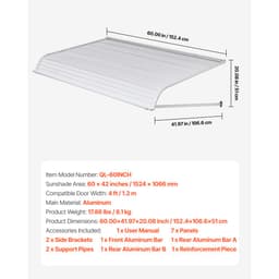 Hliníhová markýza 60 x 42 palců, odolná okapová markýza, přístřešek nad dveře, lehká a stabilní hliníková markýza nad dveře, vnější ochrana proti dešti, sněhu a slunci pro vstupní dveře, terasová okna a verandy - miniatura 11