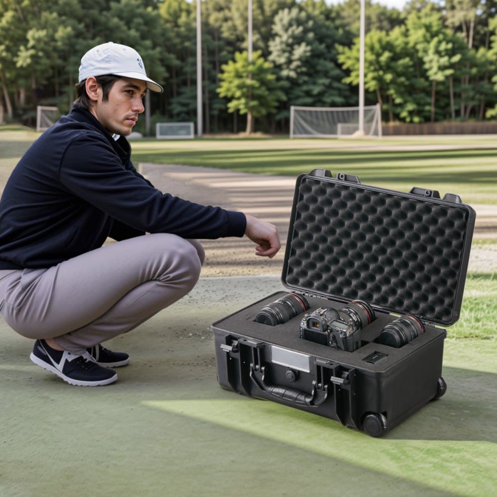 Vodotěsné tvrdé pouzdro, odolné ochranné suché pouzdro s vyřezávanou pěnou, kolečky a zatahovacími rukojeťmi pro cestování, lov, vojenské a taktické použití, vodotěsné pouzdro IP67 pro fotoaparáty (64 x 51 x 25)