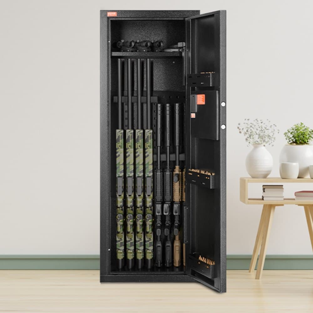 Sejf na zbraně pro 6–8 pušek, sejf na zbraně s klíčovým a číselným kódovým zámkem, rychlý přístup k vysokému úložnému prostoru na zbraně s vyjímatelnou policí, skříňka na zbraně pro domácí použití, pušky a brokovnice