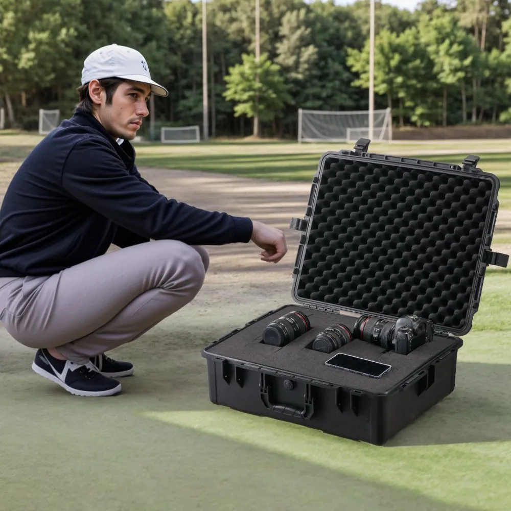 Vodotěsné tvrdé pouzdro, odolné ochranné suché pouzdro s předřezávanou pěnou a zatahovacími rukojeťmi pro cestování, lov, vojenské a taktické použití, vodotěsné pouzdro IP67 pro fotoaparáty (56,1 x 37 x 26)