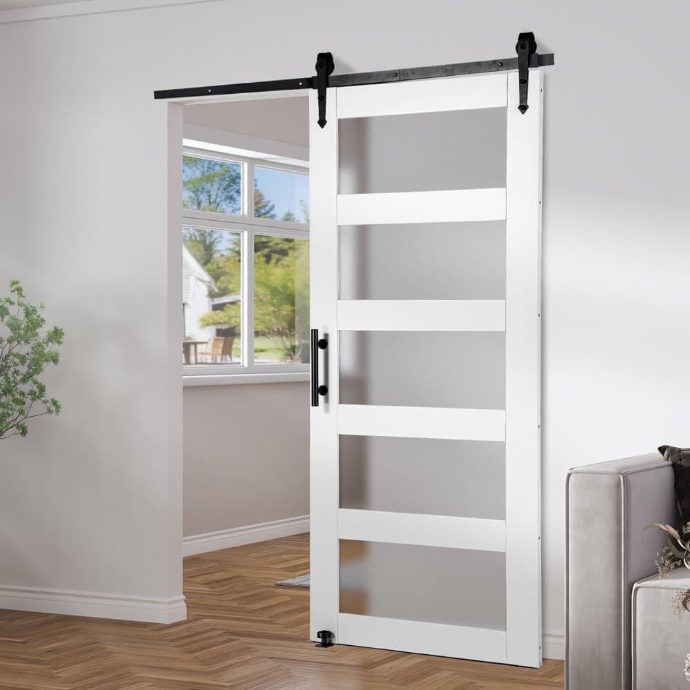 Sada stodolních dveří a kování, 42" x 84", posuvné dveře do stodoly ze dřeva a skla, plynulé a tiché otevírání, sada s podlahovým vodítkem 8 v 1 a klikou, smrková dřevěná deska a matné sklo