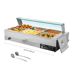 Komerční ohřívač jídla, elektrický parní ohřívač jídla z nerezové oceli 1500 W se skleněným krytem, 6 pánví velikosti 1/2, vodní lázeň s polévkou a perforovanými naběračkami, pro catering, restaurace a večírky - miniatura 2