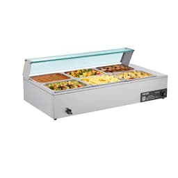 Komerční ohřívač jídla, elektrický parní ohřívač jídla z nerezové oceli 1500 W se skleněným krytem, 6 pánví velikosti 1/2, vodní lázeň s polévkou a perforovanými naběračkami, pro catering, restaurace a večírky - miniatura 5