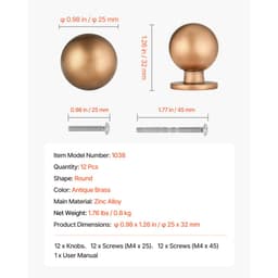 Úchytky na skříňky, balení 12 kusů, úchytky zásuvek ze zinkové slitiny 25 mm, kliky dveří, kulaté kuchyňské komody, plné úchytky, kování skříněk se šrouby pro koupelnové skříňky a zásuvky, barva starožitná mosaz - miniatura 11