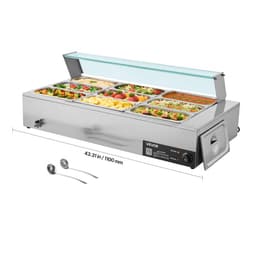 Komerční ohřívač jídla, elektrický nerezový parní ohřívač jídla 1500 W se skleněným krytem, 9dílná stolní lázeň s polévkou a perforovanými naběračkami, pro catering, restaurace a večírky - miniatura 2
