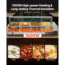 Komerční ohřívač jídla, elektrický nerezový parní ohřívač jídla 1500 W se skleněným krytem, 4-pánvový stojanový vodní lázeň s polévkou a perforovanými naběračkami, pro catering, restaurace a večírky - miniatura 6
