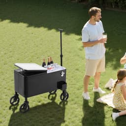 Pojízdný vozík na led o objemu 75,71 l, s 2stupňovou teleskopickou rukojetí a 2 otočnými kolečky, přenosný stůl, pláž, terasa, párty, bar, studené nápoje, venkovní parkový vozík na kolečkách, černý - miniatura 1