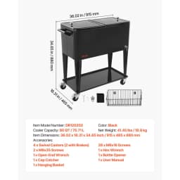 Chladicí box s kolečky o objemu 75,71 l, pojme až 50 lahví / 110 plechovek, přenosný chladič nápojů na terasu, párty bar se spodní policí, zásobník na nápoje s bočním košíkem a otvírákem na lahve, černý - miniatura 11