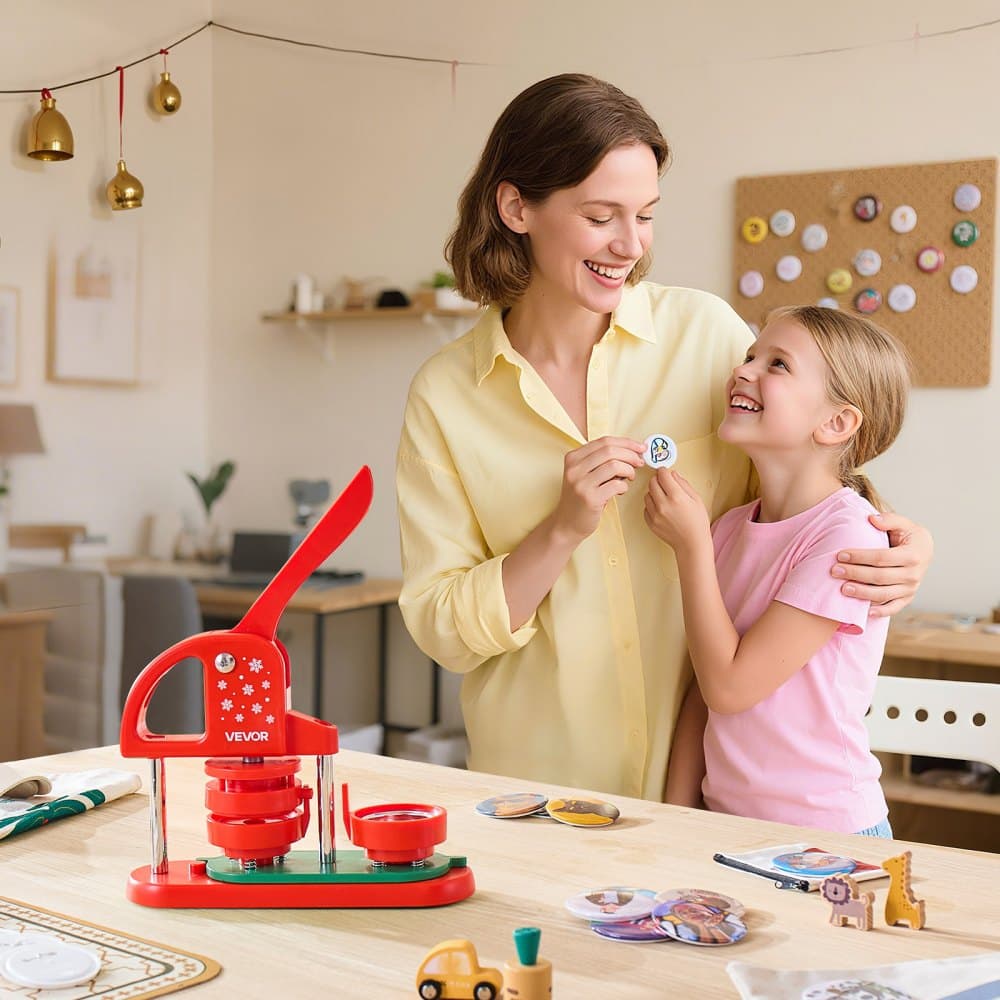 Stroj na výrobu knoflíků, 58 mm, plastový výrobník odznaků se 100 díly na knoflíky, kruhový řezák a šestihranné klíče, zesílená ergonomická rukojeť, na výrobu odznaků, personalizovaných odznaků a klíčenek, červený