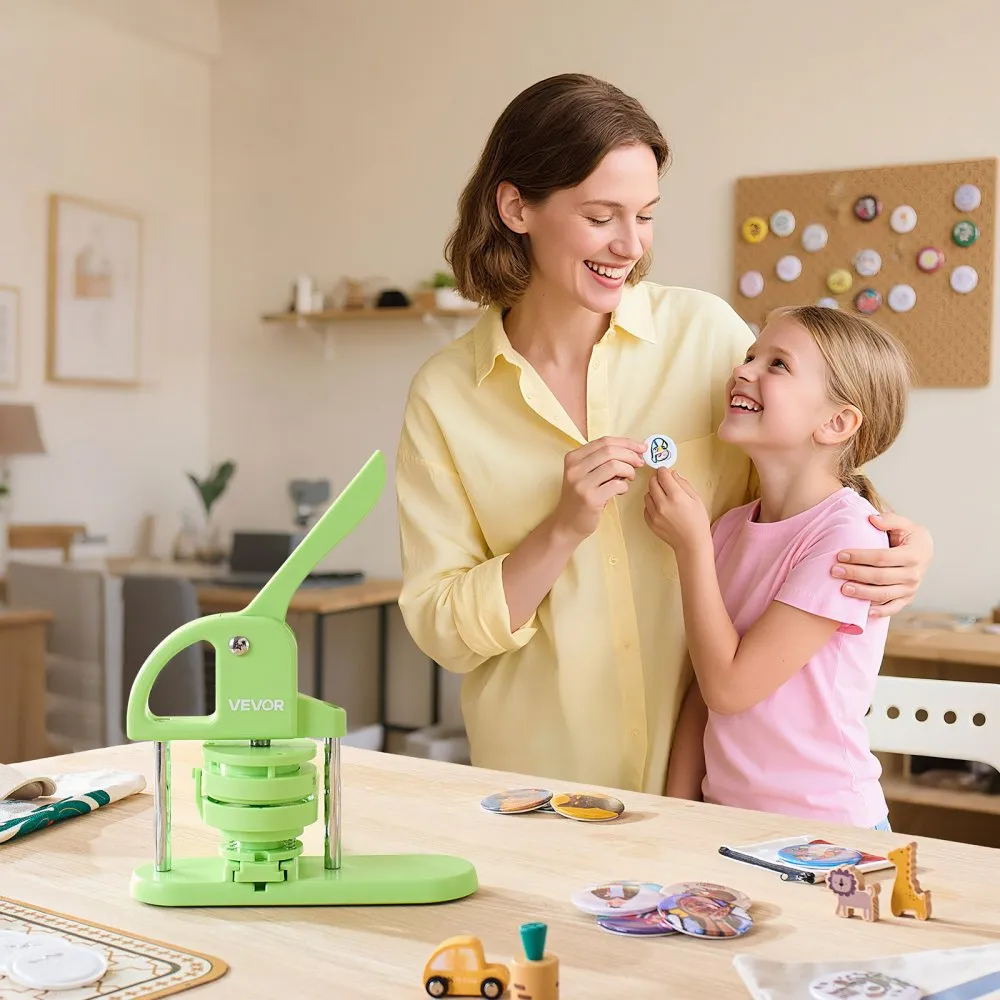 Stroj na výrobu knoflíků, 58 mm / 75 mm 2 v 1, plastový výrobník špendlíků s 200 díly knoflíkových dílů, kruhový vykrajovátek a kouzelná kniha, zesílená ergonomická rukojeť, pro výrobu odznaků, personalizované špendlíky, zelený
