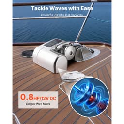 Horizontální rybářský naviják, 12V DC 600W, kotevní systém pro navijáky vhodný pro řetěz 6,35 mm nebo nylonové lano 14,3 a 15,9 mm, maximální tah 260 kg, konstrukce z nerezové oceli 316, pro lodě 7-9 m - miniatura 6