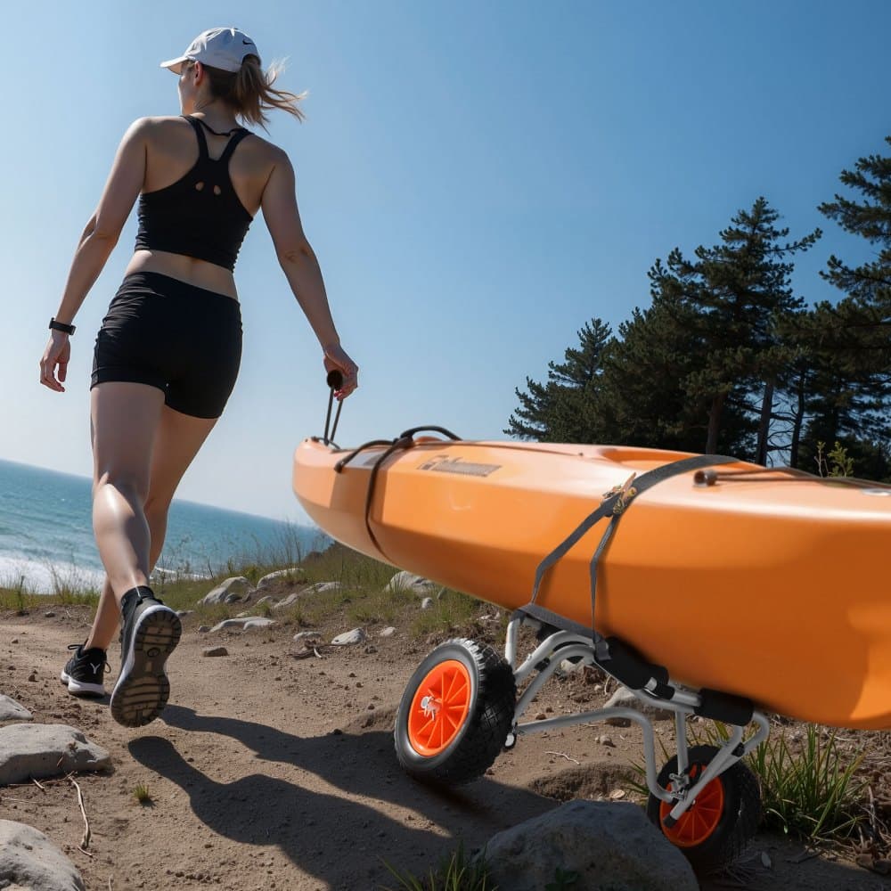 Kajakový vozík, nosnost 113,4 kg, skládací kajakový vozík s 25,4 cm plnými gumovými pneumatikami a 1 ráčnovým popruhem, vozík na paddleboardy pro přepravu kajaků, kánoí, paddleboardů, plovoucích podložek a lodí Jon Boats