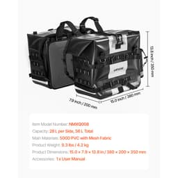 Brašna na motocykl, 56 l (28 l x 2), boční brašna na sedlo s velkou kapacitou, kompatibilní s většinou motocyklů, nepromokavá tkanina, úložný prostor pro outdoorové sporty a motocyklové zavazadla s odnímatelnou vnitřní taškou, černá - miniatura 11