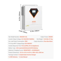 Hybridní solární invertor, 3500 W, univerzální nabíječka s čistě sinusovým proudem, 24 V DC na 220/230 V AC, s vestavěným WIFI 100A MPPT solárním regulátorem, pro olověné a lithiové baterie mimo síť - miniatura 11