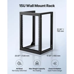 Nástěnný serverový rack 15U, maximální nosnost 68,04 kg, síťový rack s otevřeným rámem a otočnými dveřmi o 180 stupňů, uhlíková ocel, ideální pro IT síťová zařízení a AV zařízení, počítačový server, černý - miniatura 8