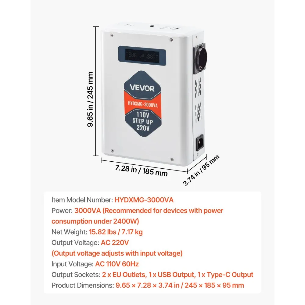 Zvyšující měnič napětí, 3000VA, Vysoce výkonný měnič napětí, transformátor 110 V na 220 V, se 2 zásuvkami EU, USB výstup, LCD displej, teplotní ochrana, pro spotřebiče 220 V