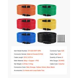 XLR kabel 4,57 m, balení 6 kusů, stíněné, vyvážené DMX mikrofonní kabely (samec-samice), pozlacené 3pinové XLR mikrofonní a reproduktorové kabely, pro pódiové osvětlení, mikrofony, zesilovače, mixéry, reproduktorové systémy - miniatura 11