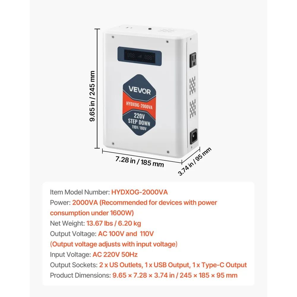 Snižující měnič napětí, 2000VA, Vysoce výkonný měnič napětí, transformátor 220V na 110V, se 2 americkými zásuvkami, USB výstup, LCD displej, teplotní ochrana, pro spotřebiče 110V