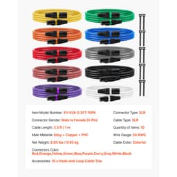 XLR kabel 1 m, balení 10 kusů, stíněné, vyvážené DMX mikrofonní kabely (samec-samice), pozlacené 3pinové XLR mikrofonní a reproduktorové kabely, pro pódiové osvětlení, mikrofony, zesilovače, mixéry, reproduktorové systémy - miniatura 11