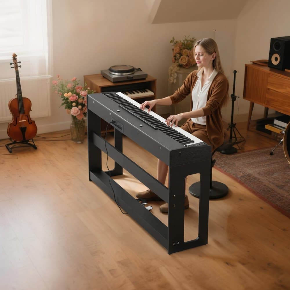 Vážené digitální piano, 88 kláves, plně vyvážené, elektrické klavírní klávesy s nábytkovým stojanem, napájecí adaptér, trojitý pedál, funkce nahrávání, 280 tónů, bezdrátové připojení, pro začátečníky, černé
