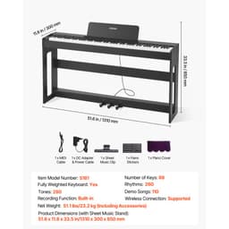 Vážené digitální piano, 88 kláves, plně vyvážené, elektrické klavírní klávesy s nábytkovým stojanem, napájecí adaptér, trojitý pedál, funkce nahrávání, 280 tónů, bezdrátové připojení, pro začátečníky, černé - miniatura 11