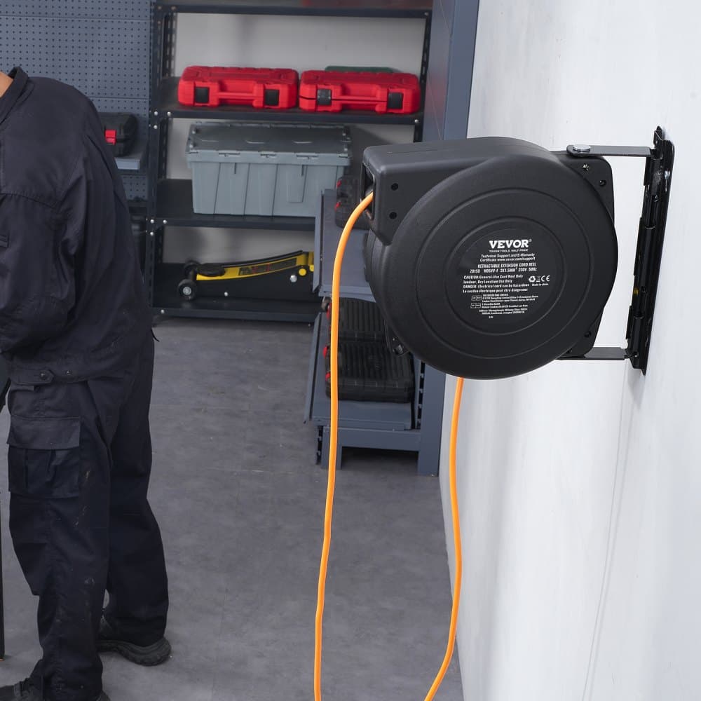 Prodlužovací kabel s navíjecím kabelem, 19 m, 1000W, odolný navíjecí kabel s přívodním kabelem o délce 1 m, ochrana proti přehřátí, PP pouzdro, otočný držák o 180° pro montáž na strop nebo na zeď