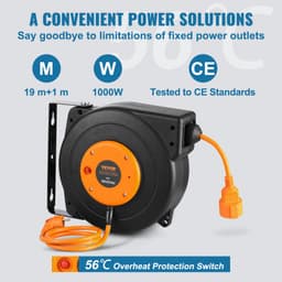 Prodlužovací kabel s navíjecím kabelem, 19 m, 1000W, odolný navíjecí kabel s přívodním kabelem o délce 1 m, ochrana proti přehřátí, PP pouzdro, otočný držák o 180° pro montáž na strop nebo na zeď - miniatura 7