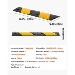 1000mm gumový zpomalovací prah, balení po 2 kusech, 2kanálový zpomalovací prah pro vysoké zatížení, nosnost 9 979 kg/nápravu, nájezd s ochranou kabelů s rozpínacími šrouby, pro asfaltové, betonové, štěrkové příjezdové cesty a silnice - miniatura 11