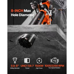 Diamantová jádrová vrtačka, průměr vrtání 200 mm, ruční a stojanová vrtačka 2 v 1 pro suché i mokré vrtání do betonu se 4 bity, 1000/2250 ot./min., 2 rychlosti, pro beton, cihly, kámen, 1500 W - miniatura 6