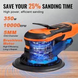 Excentrická orbitální bruska 5 a 6 palců, 350W bezkartáčová orbitální bruska, 10 000 otáček za minutu, 6 nastavitelných otáček, elektrická palmová bruska s 20 kusy brusných papírů, konektorem pro odsávání prachu a hadicí pro detailní broušení dřeva - miniatura 8