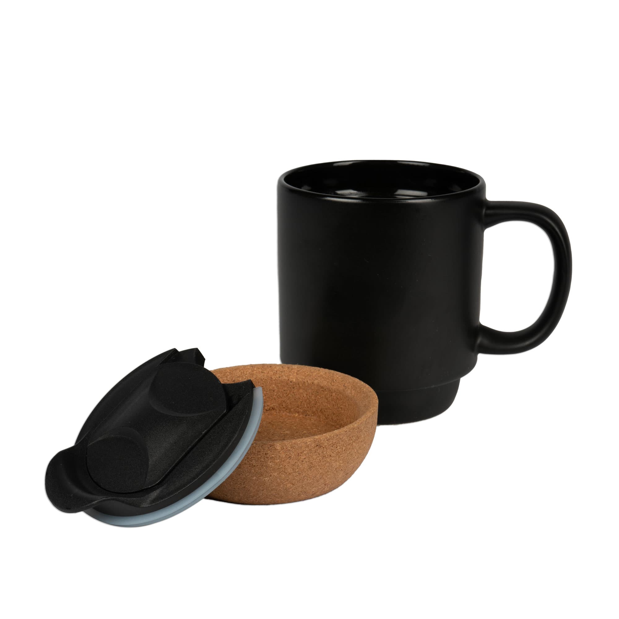 Keramický hrnek BEN s odnímatelným korkovým dnem, plastové víčko, černé matné, 36 ks/karton