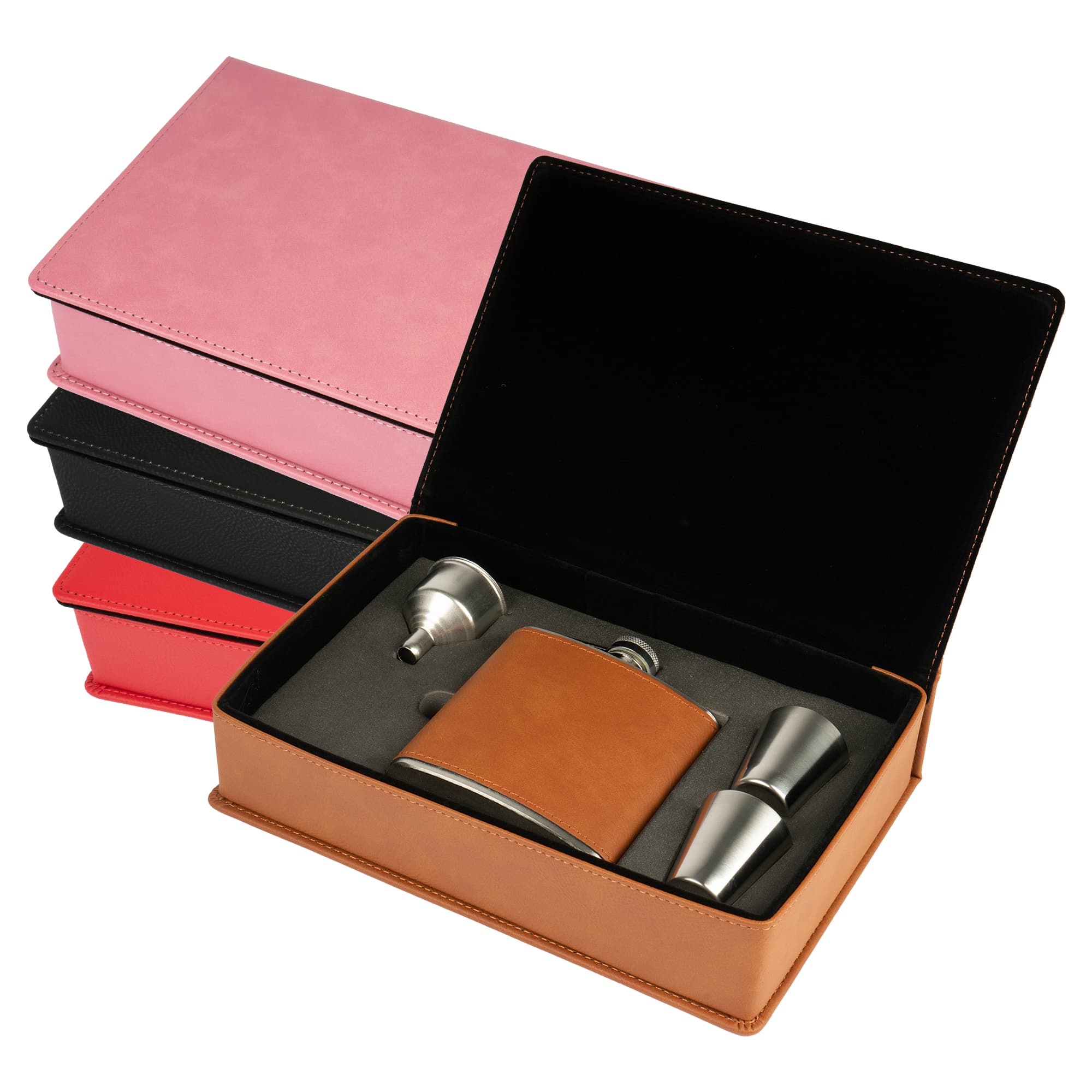 Dárková sada laserových termosek s nerezovou termoskou o objemu 177 ml, 2 panáky a trychtýři, 155 x 235 x 55 mm, různé barvy