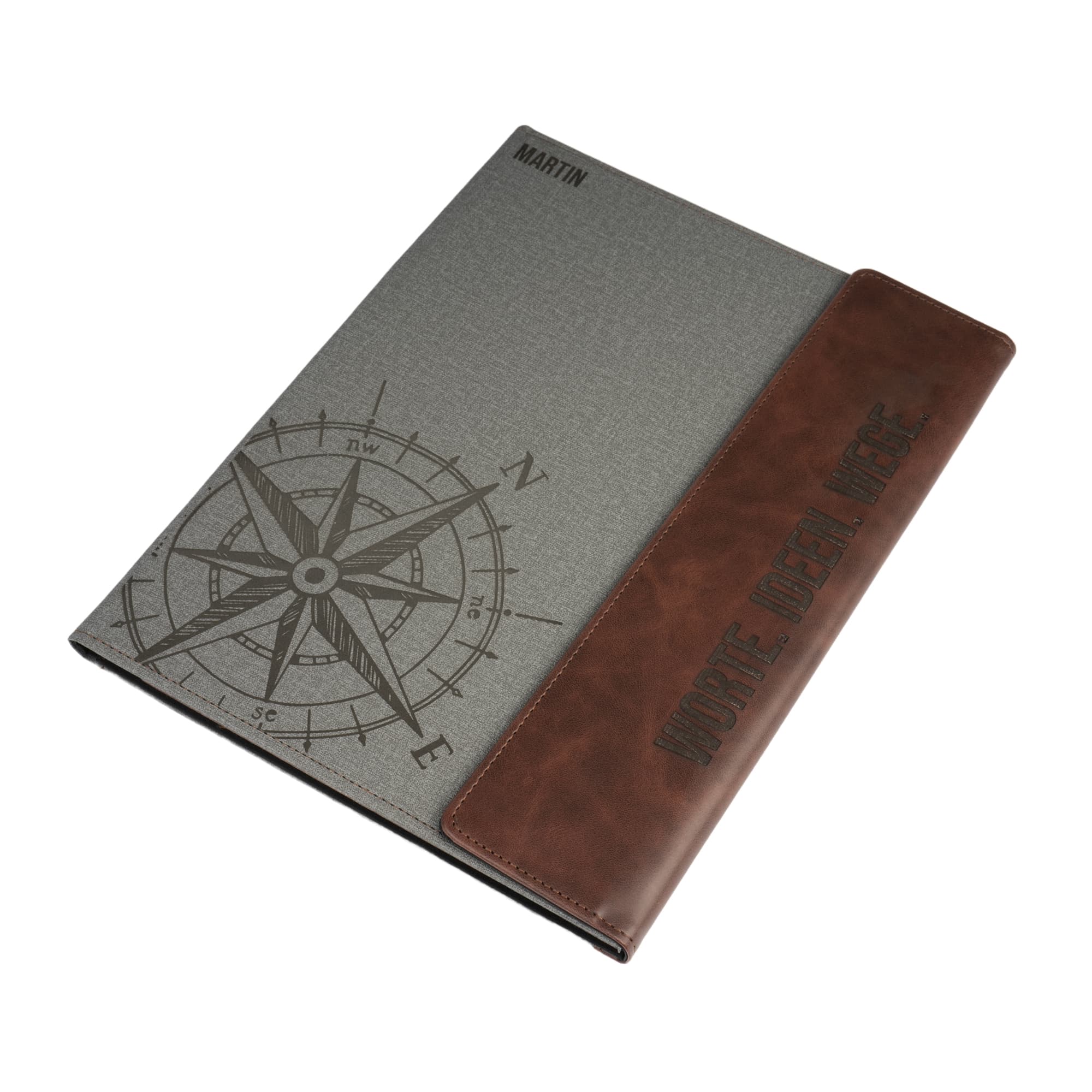 Laserová složka na dokumenty A4 s klopou z imitace kůže vč. linkovaného bloku, 240 x 305 mm, šedá/hnědá --> černá, 20 ks/karton