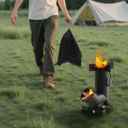 Kempingový raketový vařič, přenosný raketový vařič na dřevo s přepravní taškou na turistiku, uhlíková ocel, topení na dřevo, větvičky nebo klacky pro venkovní vaření, na zahradu, vaření v kempu, topení, černá - miniatura 1
