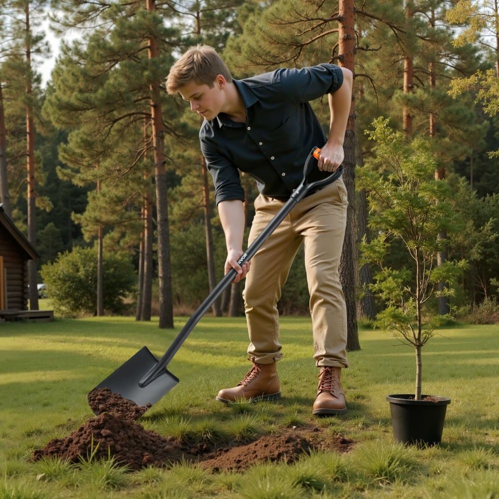 Čtvercová lopata, 122 cm robustní plochá lopata, přepravní lopaty s čepelí z legované oceli a protiskluzovou rukojetí ve tvaru D, odnímatelná a snadno skladovatelná, pro zahradničení, stavebnictví, kopání a odklízení sněhu