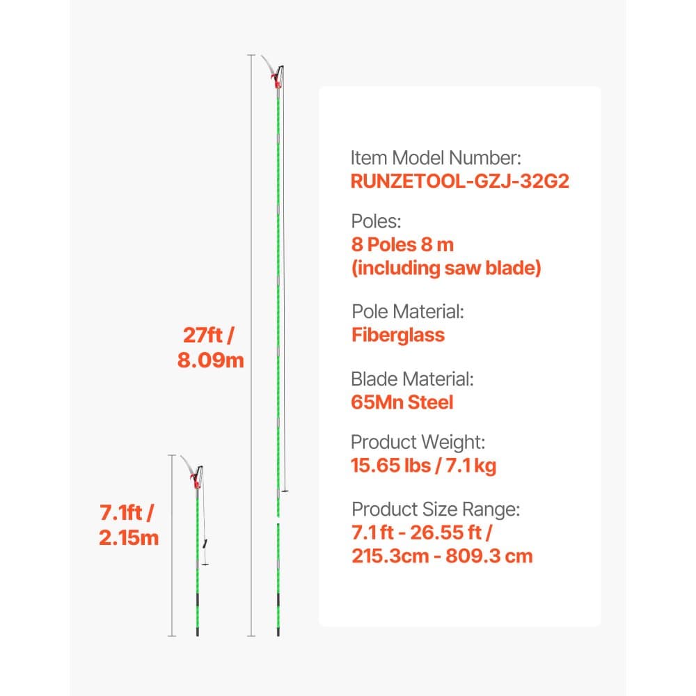 Ruční tyčová pila, výsuvné nůžky na stromy s nůžkami, 118–809,3 cm, ostrý nůž z oceli 65Mn, lehká rukojeť ze sklolaminátu, pro zastřihování vysokých větví, prořezávání palem a keřů