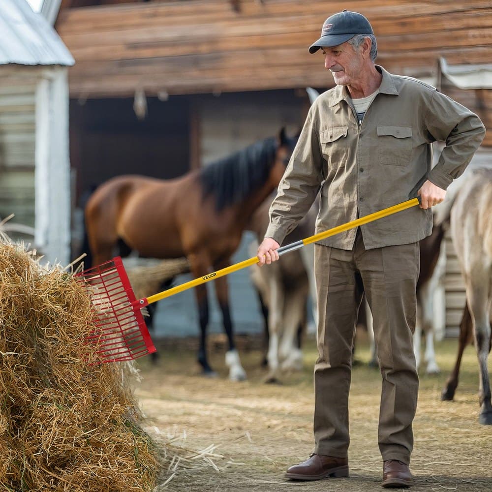 Vidle na hnůj, 18 úhlových hrotů, hrábě na koňský hnůj s dlouhou rukojetí ze sklolaminátu, 61 palců, odolné plastové vidle na hnojení, nástroj pro zahradničení, koňské stáje, stáj, čištění sena, zemědělské práce