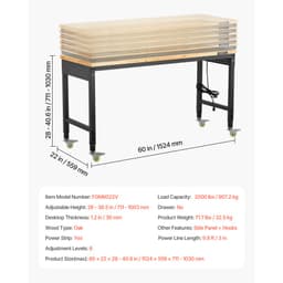 Nastavitelný pracovní stůl 1524 mm, nosnost 907 kg, pracovní stůl se zásuvkou, kolečky a děrovanou deskou, odolný dubový pracovní stůl pro garáž, dílnu, kancelář a domácnost - miniatura 11