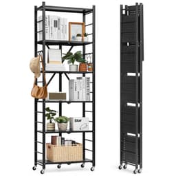 Skládací úložný regál se 6 úrovněmi, skládací kovový regálový regál o rozměrech 24Š x 12H x 72V palců, bez montáže, s 5 kolečky a 4 háčky do spíže, kuchyně, garáže, sklepa, černý - miniatura 2
