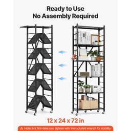 Skládací úložný regál se 6 úrovněmi, skládací kovový regálový regál o rozměrech 24Š x 12H x 72V palců, bez montáže, s 5 kolečky a 4 háčky do spíže, kuchyně, garáže, sklepa, černý - miniatura 6