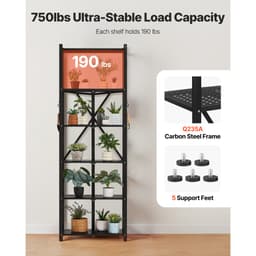 Skládací úložný regál se 6 úrovněmi, skládací kovový regálový regál o rozměrech 24Š x 12H x 72V palců, bez montáže, s 5 kolečky a 4 háčky do spíže, kuchyně, garáže, sklepa, černý - miniatura 8